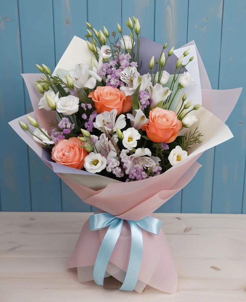 Букет цветов из: Лизиантусы, Розы, Альстромерии и Гипсофила в Федюково